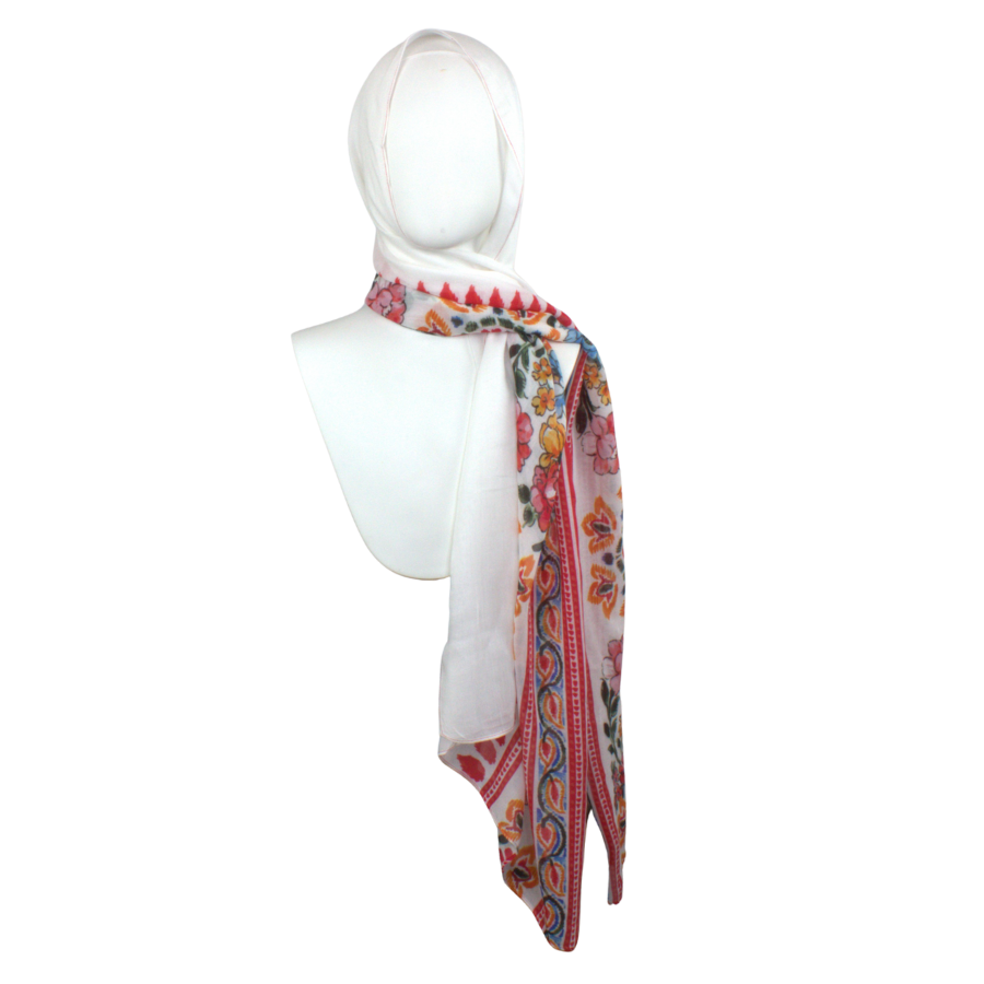 Luxury printed bamboo modal hijab scarf in a double border print of white and red, ideal choice for muslim ladies who want non slip airy hijabs | Lina Zibdeh