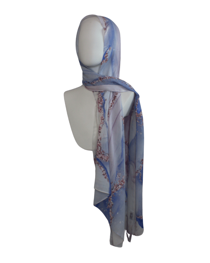 Exclusive printed bamboo hijab featuring twilight-inspired artistic waves. Ideal lightweight non-slip hijab for warm weather | Lina Zibdeh