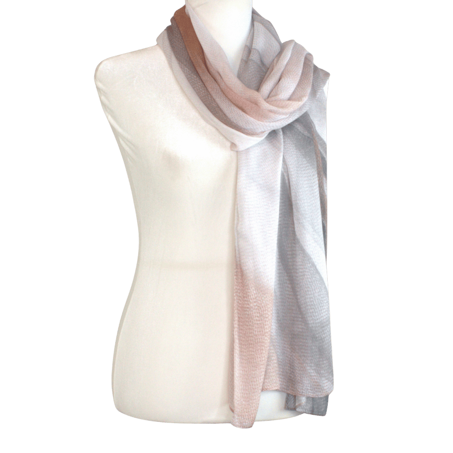Front view Luxury neutral grey beige printed bamboo modal hijab scarf made from 100% bamboo, lightweight, non slip hijab for everyday | Lina Zibdeh