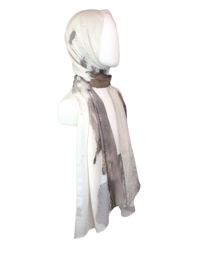 A printed hijab scarf wih everyday neutrals, ideal for work and all occasions | Lina Zibdeh