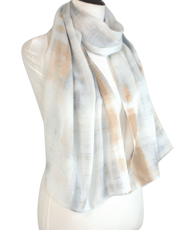 premium quality printed hijab in bamboo modal with calming tones of mocha, blue, and white | Airy non-slip hijab for the summer and work | Lina Zibdeh