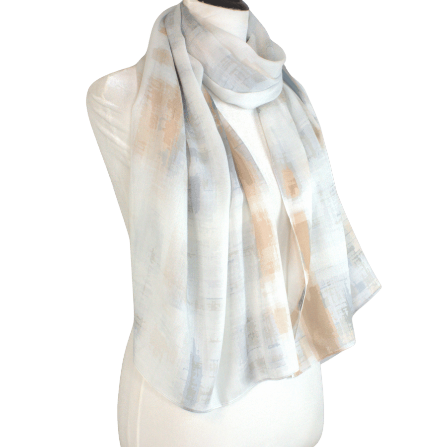 premium quality printed hijab in bamboo modal with calming tones of mocha, blue, and white | Airy non-slip hijab for the summer and work | Lina Zibdeh