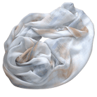 Flat lay of Coastal Mocha bamboo modal hijab showing soft airbrushed stripes in mocha beige, denim blue, and white | Lina Zibdeh