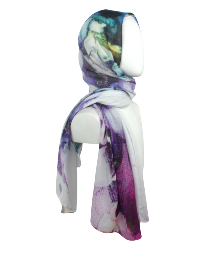 Designer printed bamboo modal hijab scarf in white and watercolor purple black strokes. Ideal for headscarf in the summer and hot weather | Lina Zibdeh