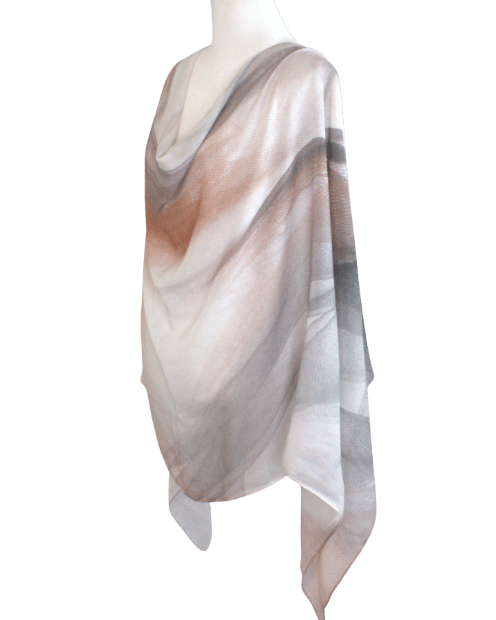 Mannequin wearing a beige and brown gradient bamboo mofal scarf on a transparent background. Gradient pattern bamboo hijab scarf for busy women, easy to wear | Lina Zibdeh