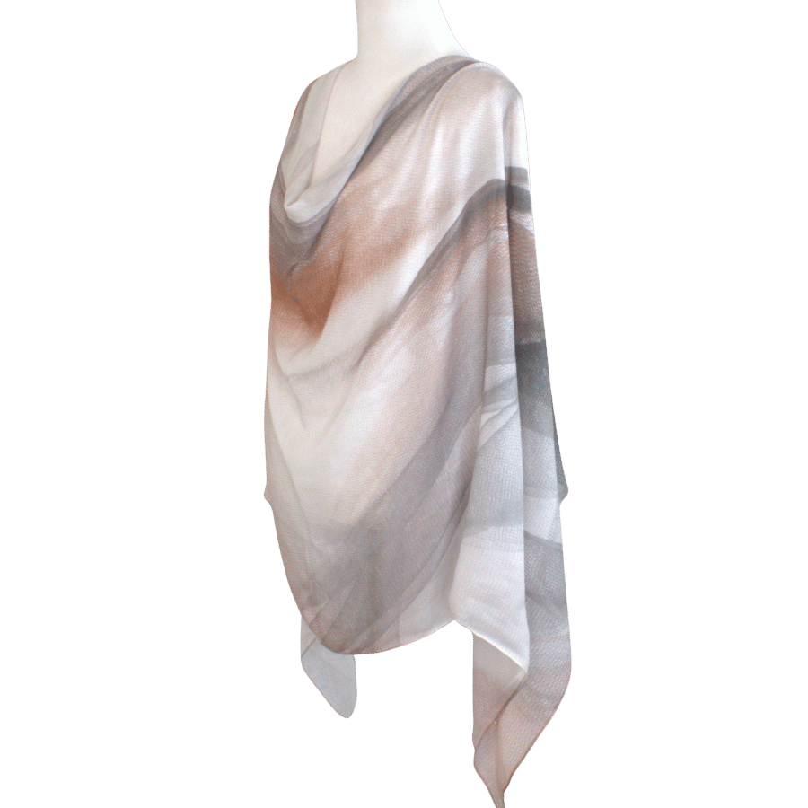 Mannequin wearing a beige and brown gradient bamboo mofal scarf on a transparent background. Gradient pattern bamboo hijab scarf for busy women, easy to wear | Lina Zibdeh
