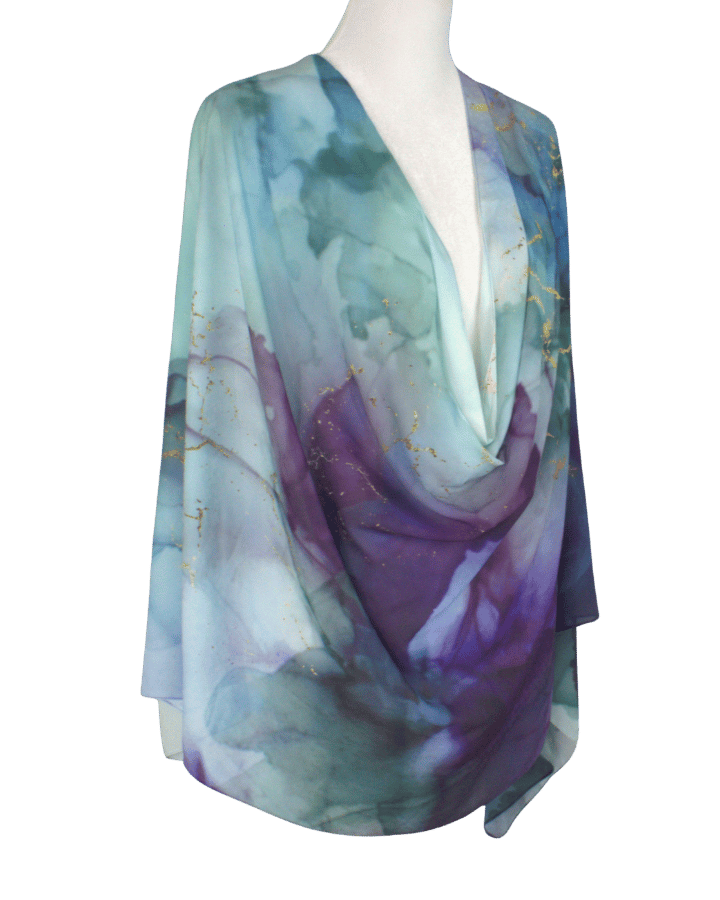 Elegant watercolor hijab styled with modest outfit for Eid and special events