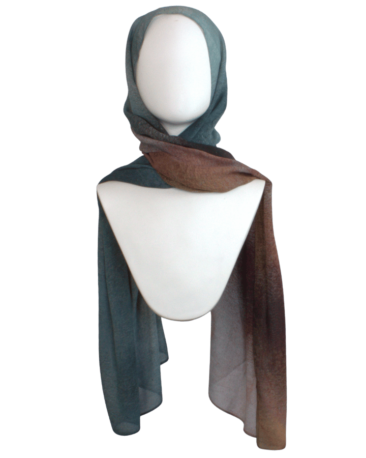 Luxury printed modal hijab – 100% bamboo, ombre teal to chocolate brown gradient, styled on mannequin | Lina Zibdeh