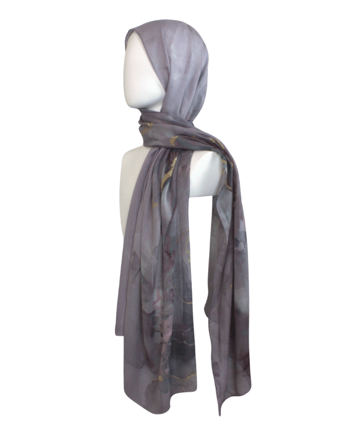 Elegant purple mauve and gold printed bamboo modal hijab for professional women, comfortable in hot weather, suitable for daily wear or as a gift | Lina Zibdeh