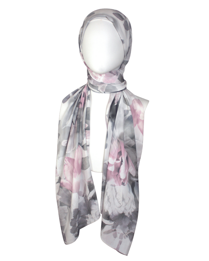 Elegant grey silver and rose pink floral hijab in premium crepe chiffon | Lina Zibdeh