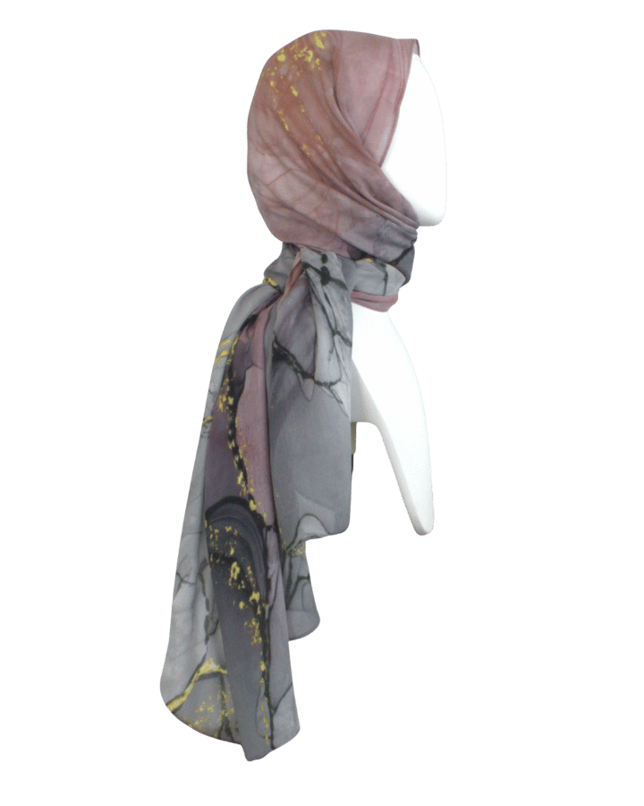 Designer printed modal hijab in green, grey, blush and golden hues. Ideal for women over 30, for work, for menopause hot flashes. Lina Zibdeh