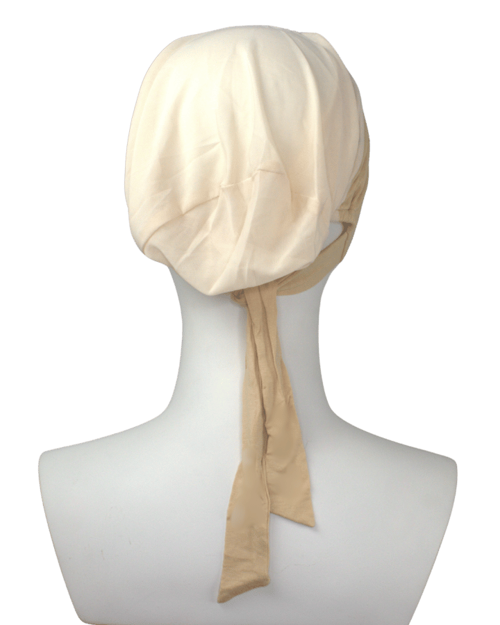Back view of our Breathable mesh tie-back hijab cap under scarf in everyday sand beige, lightweight and comfortable for hot weather and all-day wear | Lina Zibdeh