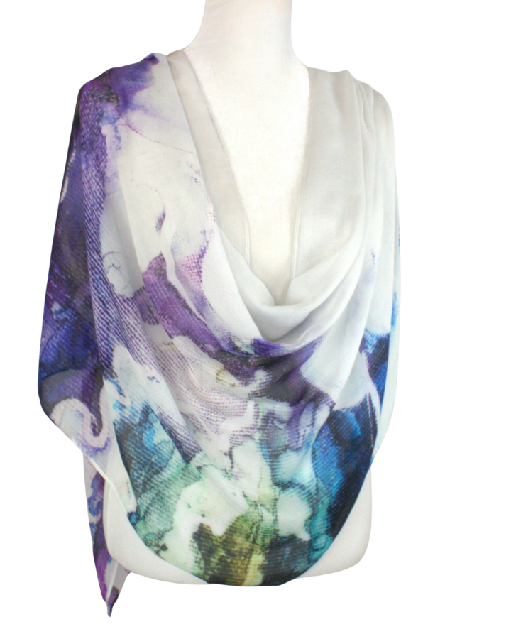 Double bordered bamboo modal hijab scarf in white and watercolor purple black strokes. Ideal for headscarf in the summer and hot weather | Lina Zibdeh