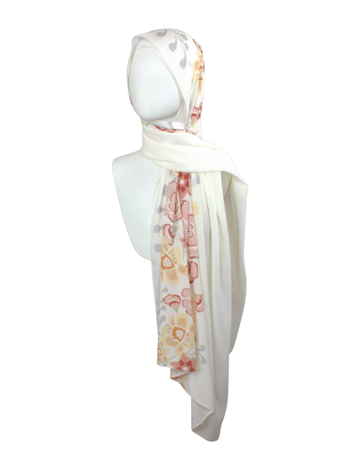 Fancy lightweight double-sided hijab wrapped to show both floral and ivory – unique styling option for elegant modest fashion | Lina Zibdeh
