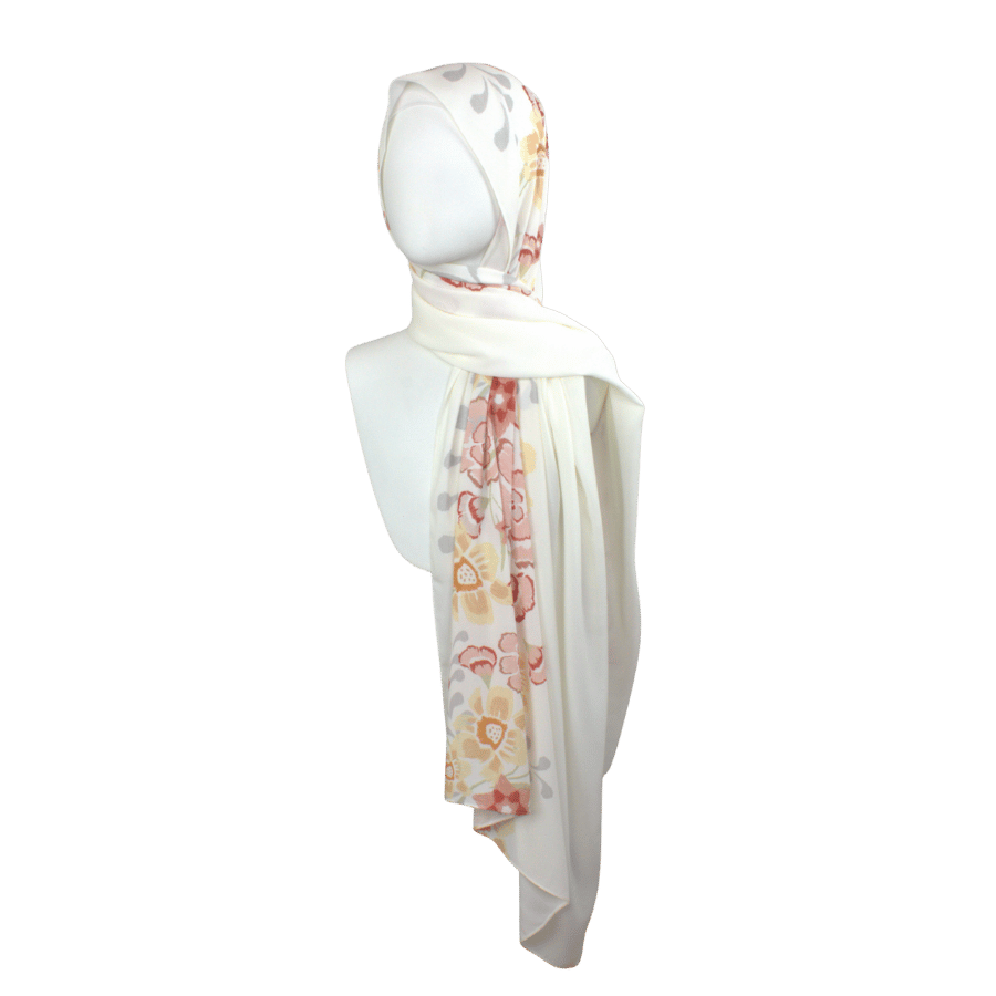Fancy lightweight double-sided hijab wrapped to show both floral and ivory – unique styling option for elegant modest fashion | Lina Zibdeh