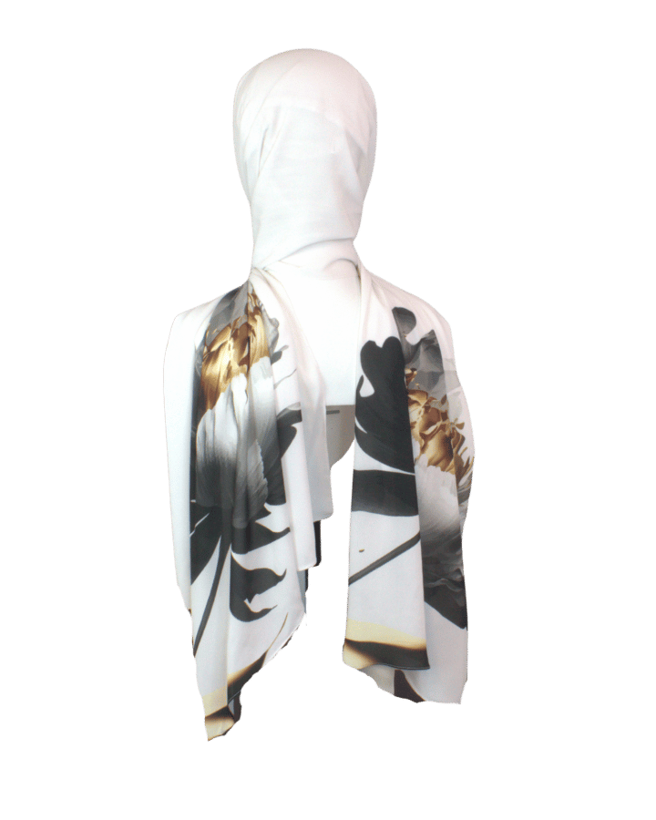 One-Of-A-Kind floral golden chiffon hijab scarf for elegant modest fashion and formal occasions | Lina Zibdeh