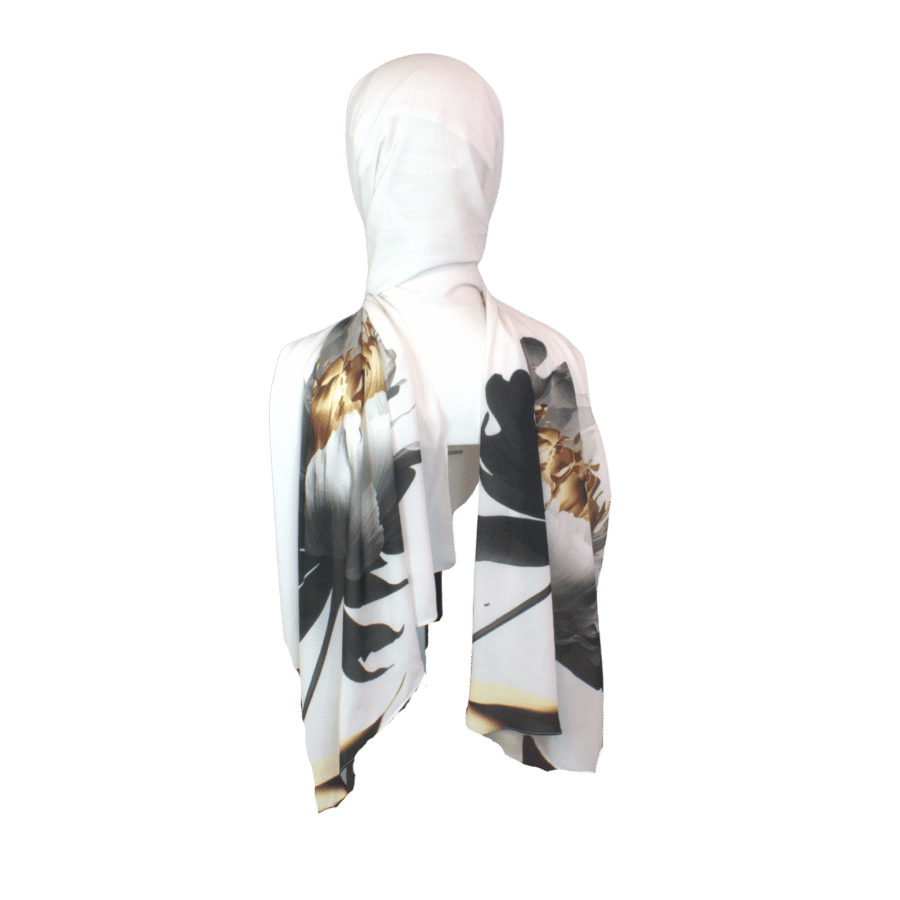 One-Of-A-Kind floral golden chiffon hijab scarf for elegant modest fashion and formal occasions | Lina Zibdeh