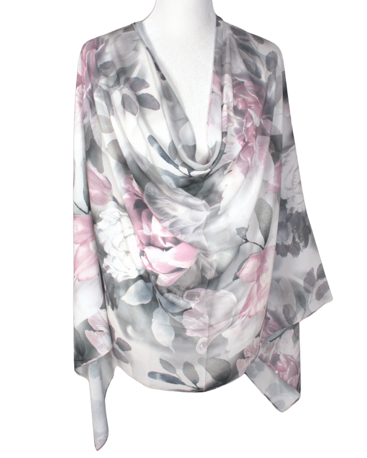 Elegant Floral Crepe Chiffon Hijab – Grey Silver & Rose Pink | Lina Zibdeh