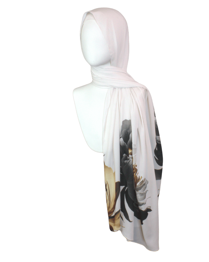 Luxurious limited edition hijab head scarf draped gracefully, ideal for elegant and formal occasions | Lina Zibdeh