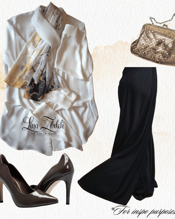 Formal hijab styling inspo with metallic gold and silver | Lina Zibdeh