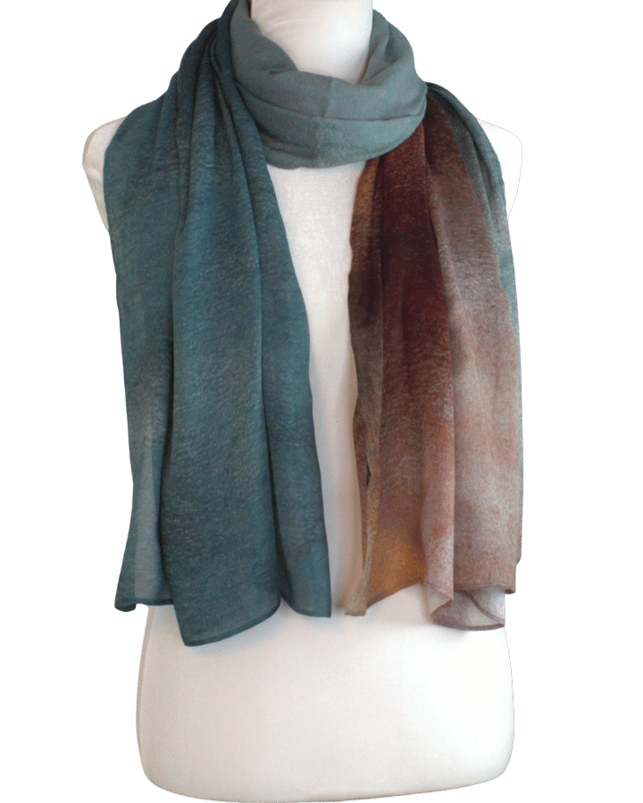 Fancy printed ombre bamboo modal hijab scarf with gradient colors of teal and brown on a white background | Non-slip lightweight hijab scarf | Lina Zibdeh