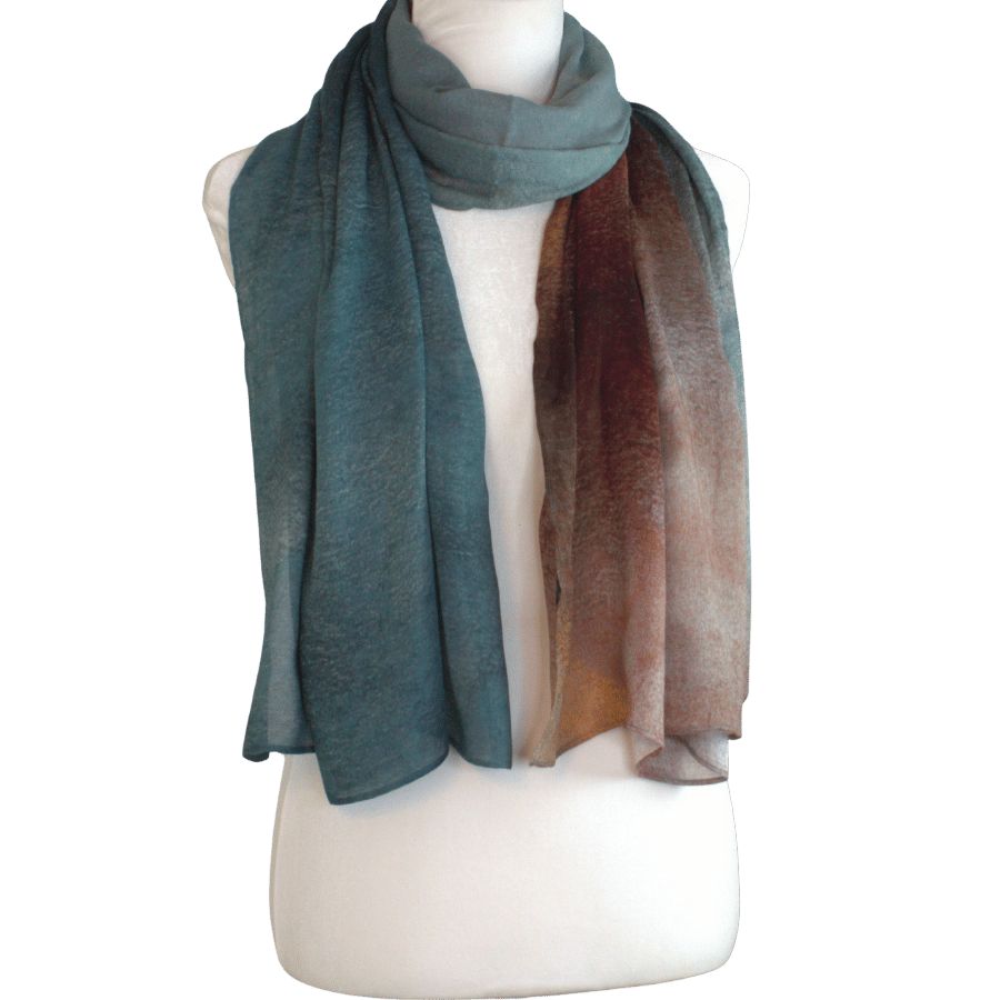 Fancy printed ombre bamboo modal hijab scarf with gradient colors of teal and brown on a white background | Non-slip lightweight hijab scarf | Lina Zibdeh