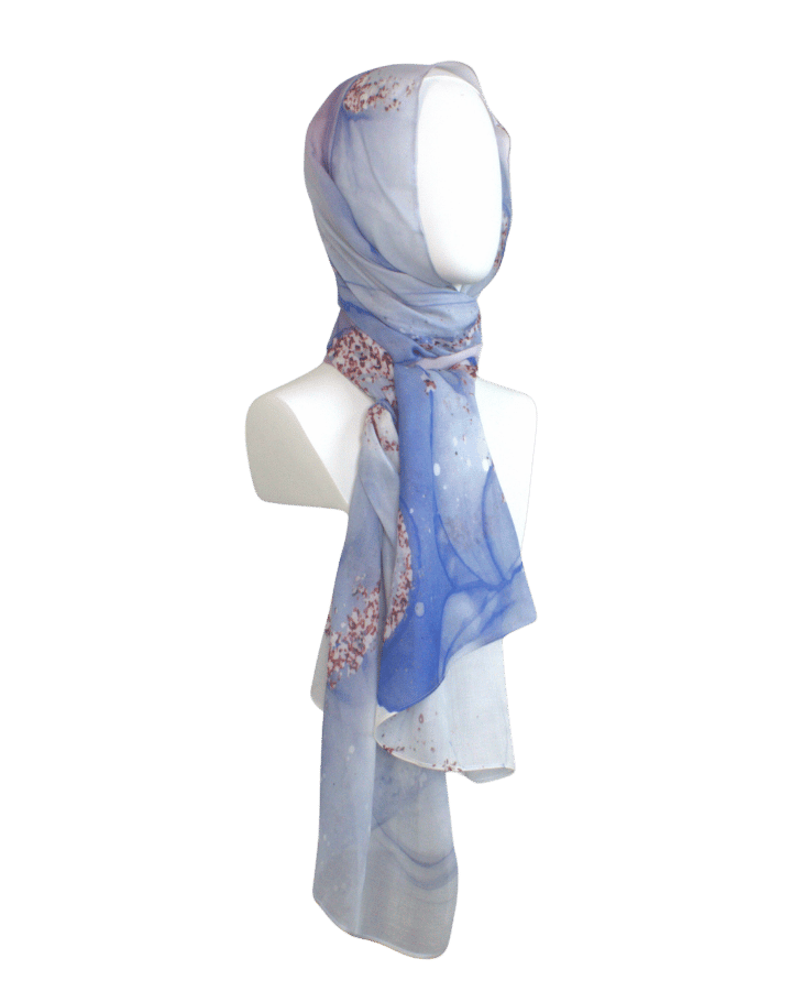 Elegant lightweight bamboo hijab with periwinkle brushstroke design | Lina Zibdeh