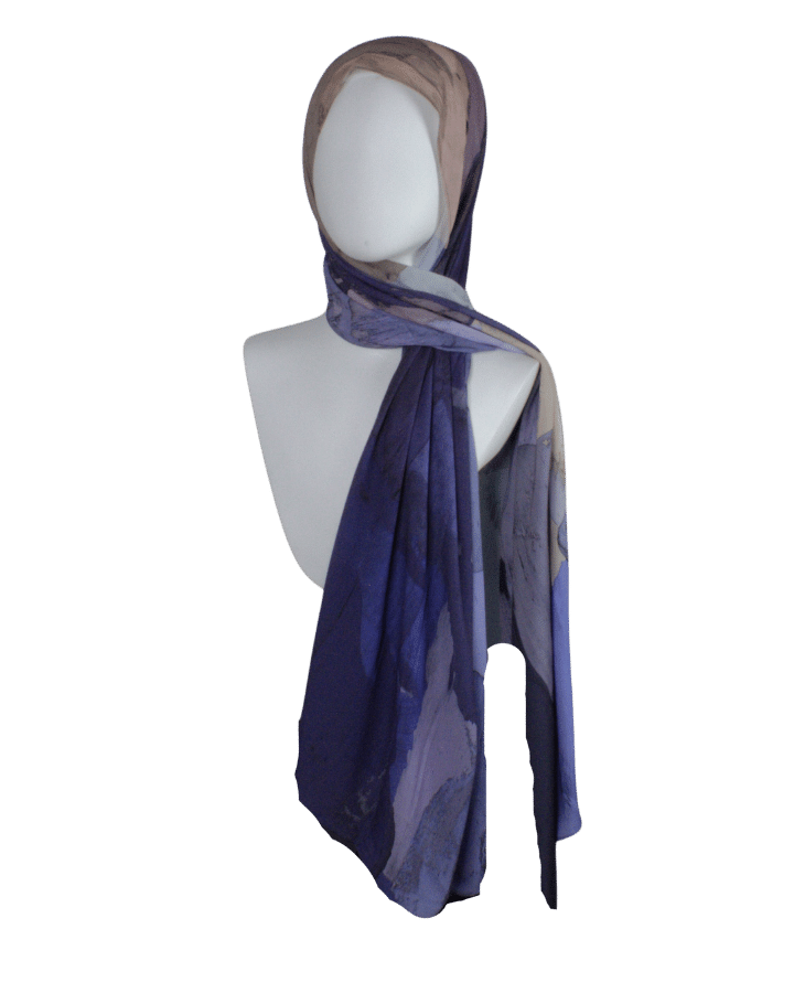 Watercolor hijab scarf in purple and mauve hues, designed as a luxury hijab suitable for work and outings | Lina Zibdeh