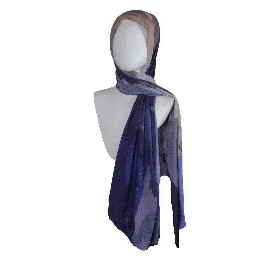 Watercolor hijab scarf in purple and mauve hues, designed as a luxury hijab suitable for work and outings | Lina Zibdeh