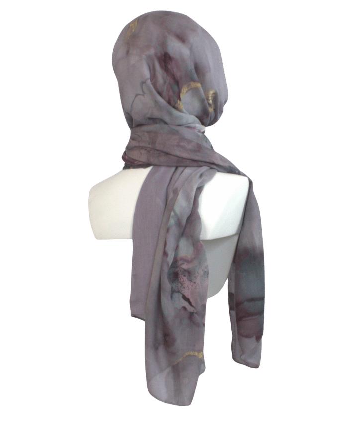 Grey mauve gold modal hijab printed scarf ideal for everyday, work, hot weather and hot flashes | Lina Zibdeh