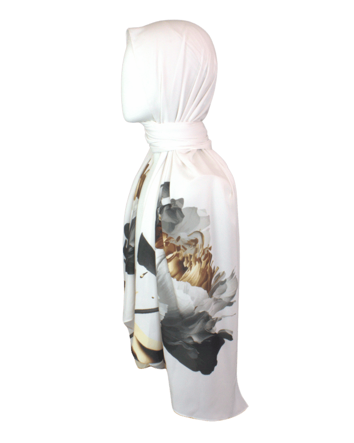 Luxurious limited edition scarf draped gracefully for fancy modest fashion | Lina Zibdeh