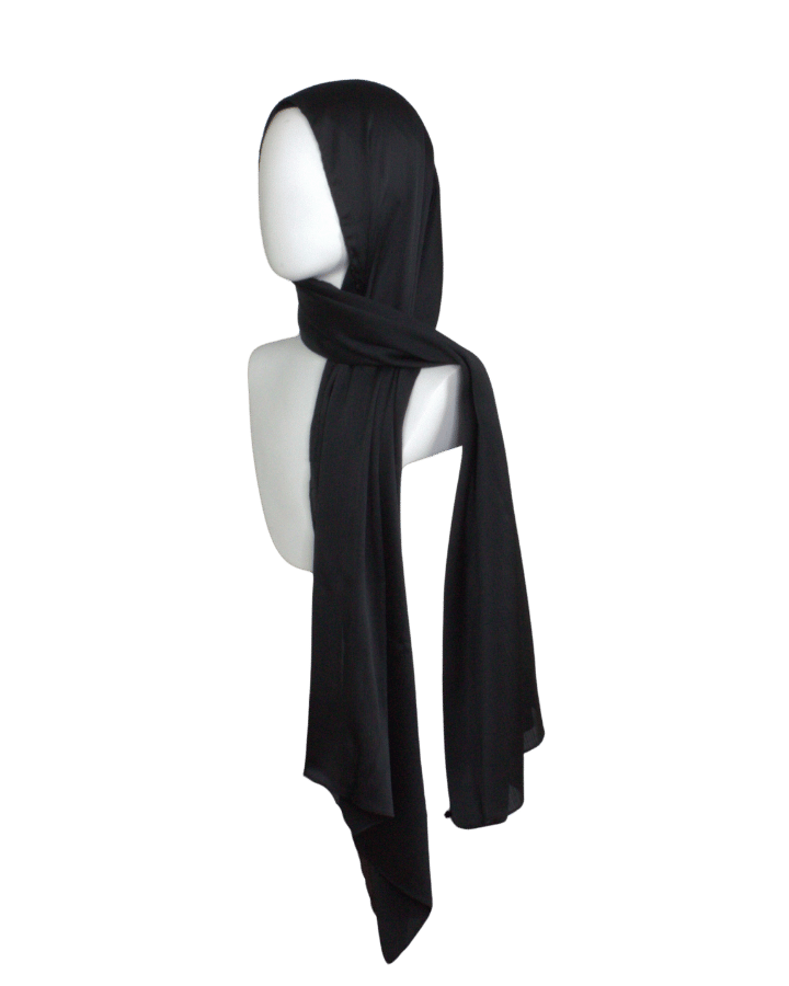 A party luxurious black hijab in satin crinkle with a better grip and nice drape | Lina Zibdeh