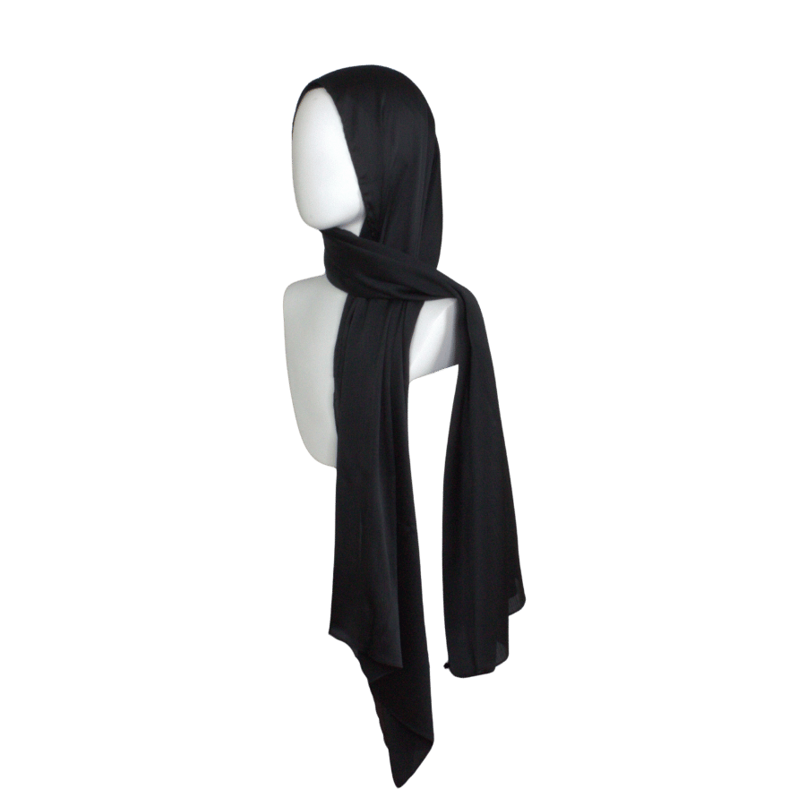 A party luxurious black hijab in satin crinkle with a better grip and nice drape | Lina Zibdeh