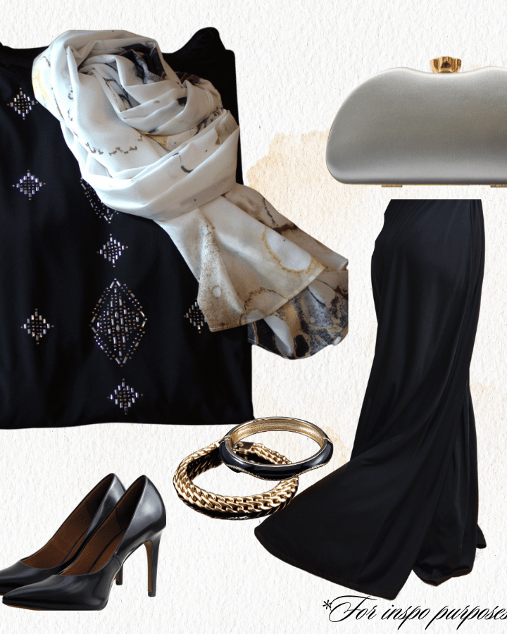 Formal hijab styling inspo with metallic gold and silver | Lina Zibdeh