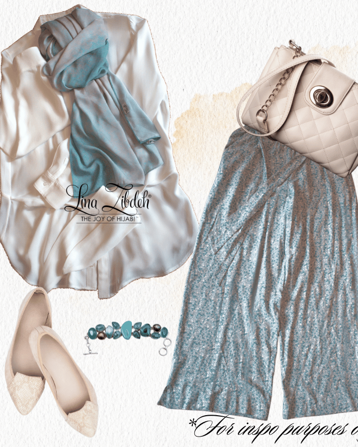 Style with me a teal blue pants with white top and our luxury maxi blue hijab | Lina Zibdeh