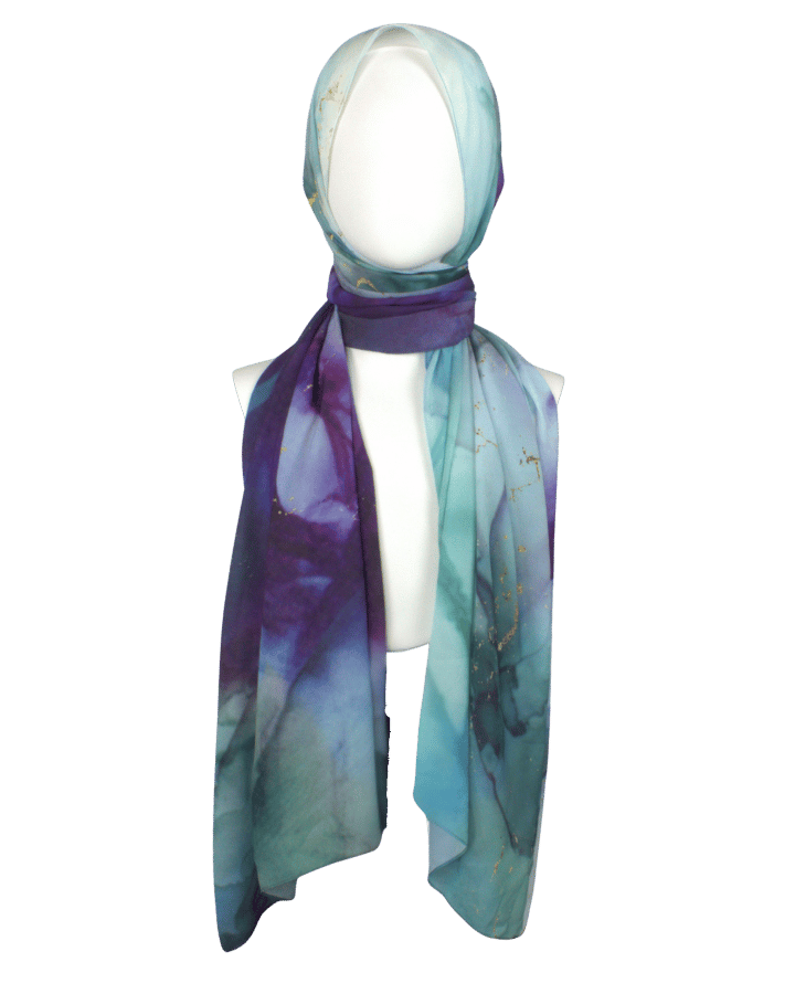 Fancy designer headscarf in jewel tones displayed to show full print