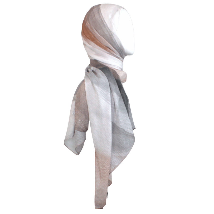 Gradient bamboo modal hijab scarf in beige, brown, and white on a transparent background. Lightweight breathable bamboo hijab ideal for sports, work and menopause women | Lina Zibdeh