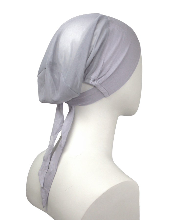 Side view of A light grey tie-back airy mesh hijab cap, Non-slip mesh tie-back hijab cap, heat-friendly and designed for women 20+ balancing work and comfort | Lina Zibdeh