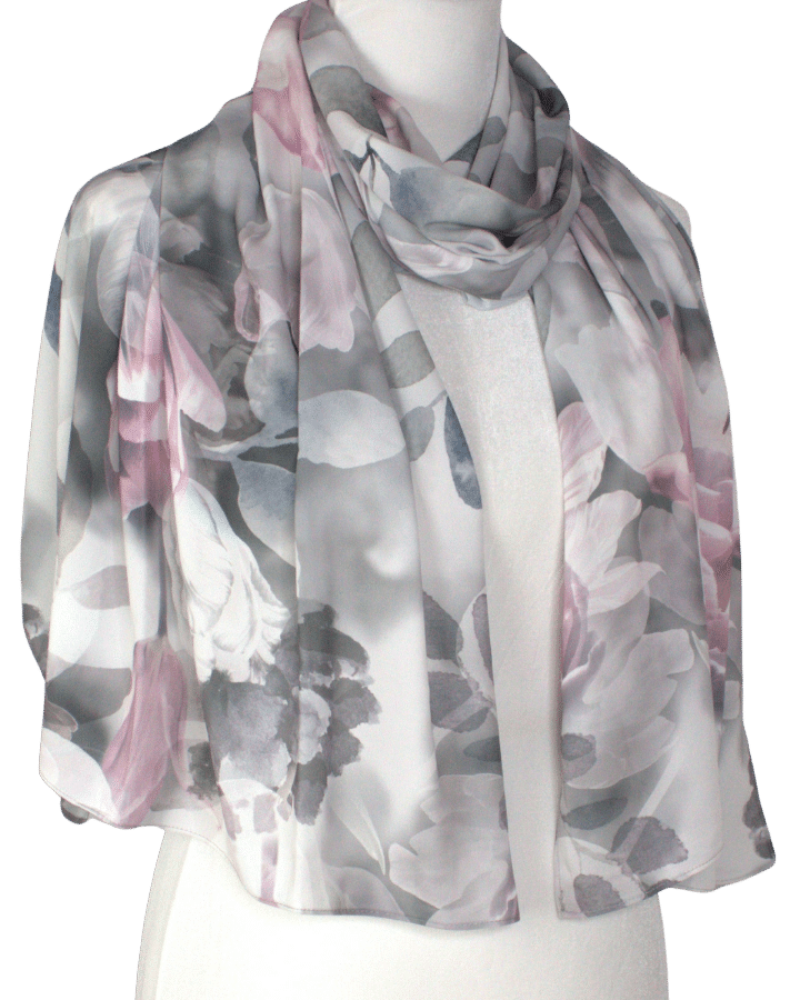Elegant Floral Crepe Chiffon Hijab – Grey Silver & Rose Pink | Lina Zibdeh