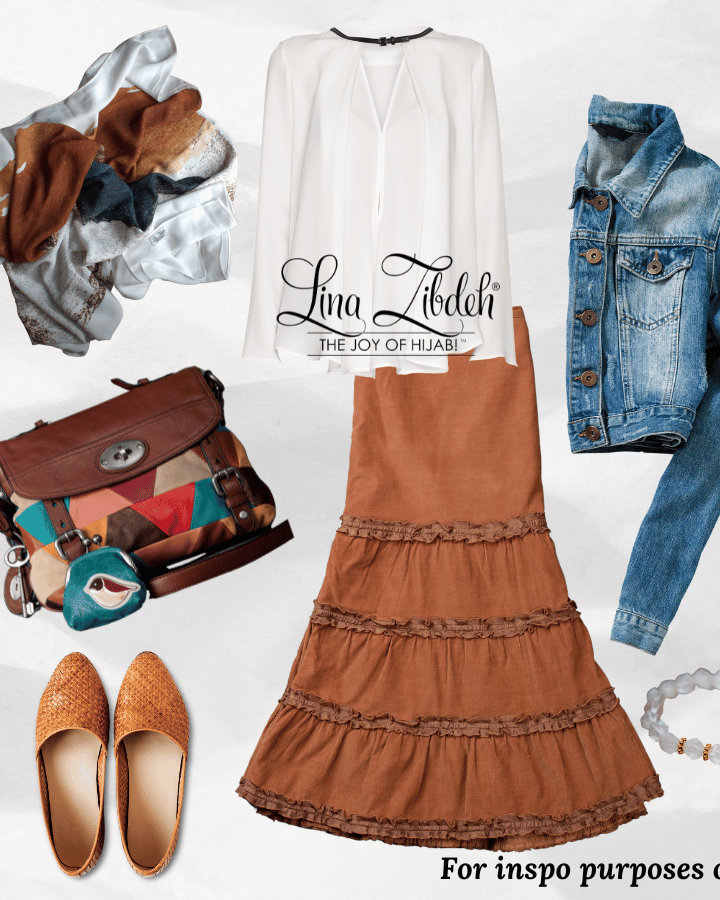 Practical Hijab style outfit inspiration with our designer brown navy hijab scarf | Lina Zibdeh