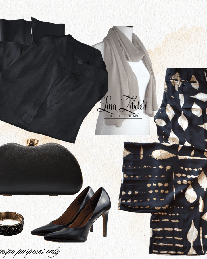 Our luxury crinkle chiffon hijab works great with black and golden formal wear | Hijab styling inspo | Lina Zibdeh