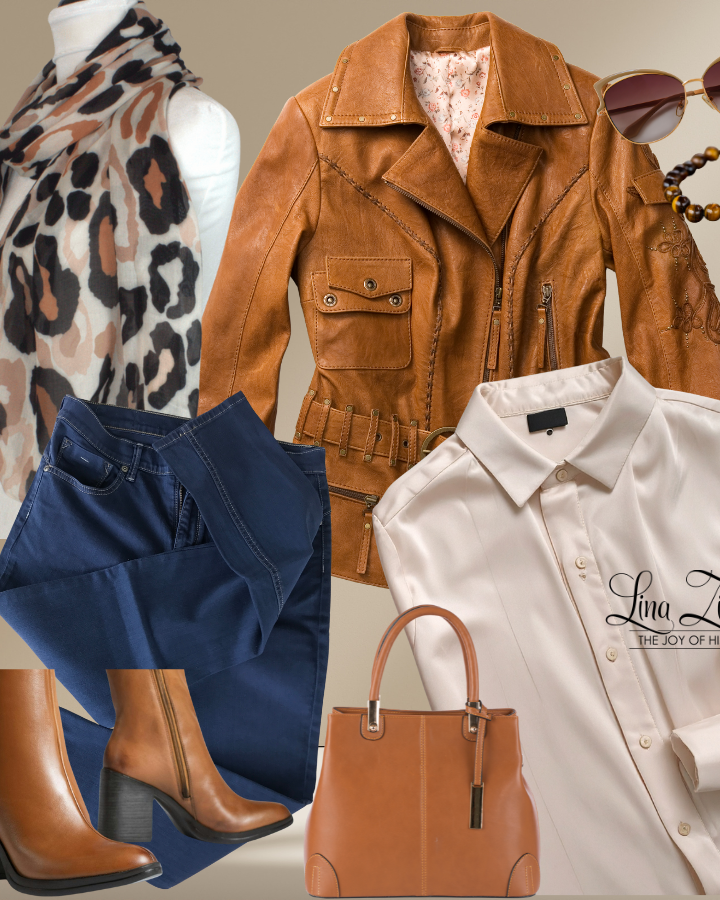 HIjab outfit styling inspo. Collage of fashion items including a brown leather jacket, blue jeans, brown boots, tan handbag, leopard print scarf, and sunglasses on a neutral background | Lina Zibdeh