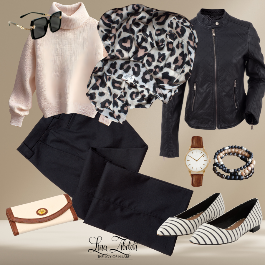 Hijab outfit styling inspo with the leopard printed bamboo modal hijab, versatile high quality hijab | Lina Zibdeh