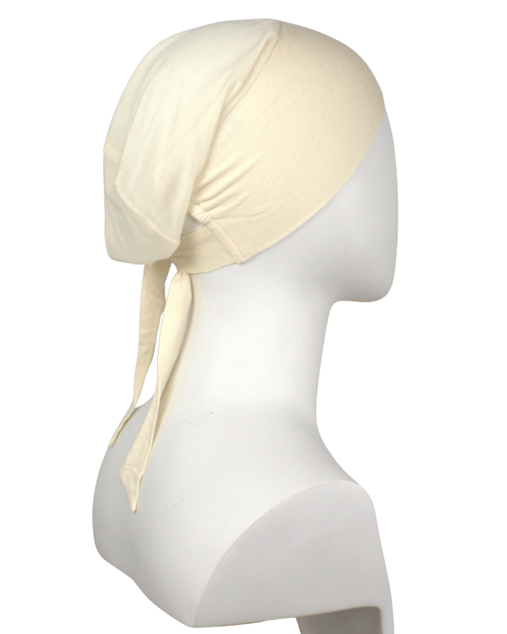 Side view of Essential ivory mesh tie-back hijab cap, breathable under scarf for hot weather, work, and daily wear | Lina Zibdeh