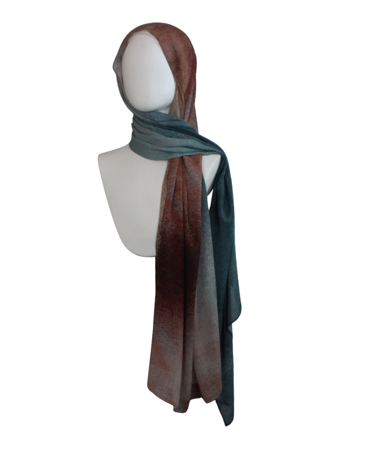 Elaris Ombré printed bamboo modal hijab scarf styled with brown side forward for classic elegance. Ideal for all weather, hijab for work and outings | Lina Zibdeh