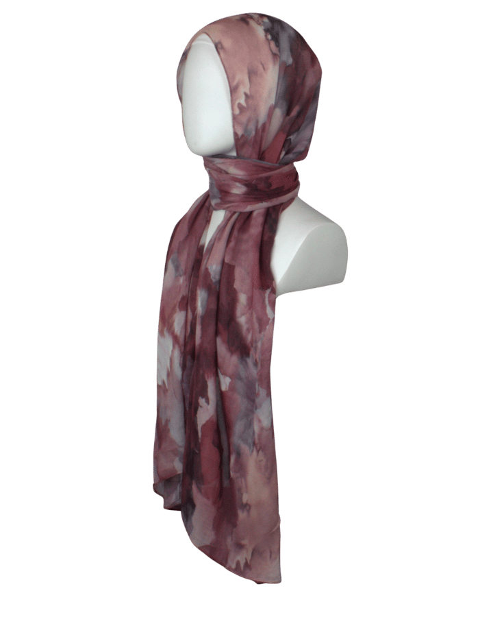 Maroon red watercolor printed bamboo modal hijab scarf for muslim women who want lightweight, non-slip and elegant hijabs. Ideal for warm weather and hot flashes | Lina Zibdeh