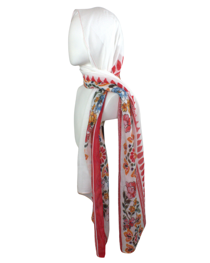 A unique printed bamboo modal hijab in white and red, soft, lightweight, breathable and non slip. This is your best choice for the hot weather and all seasons | Lina Zibdeh