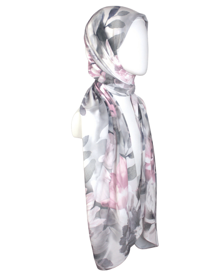Stylish floral print hijab for work and social events, in grey silver and rose pink | Lina Zibdeh