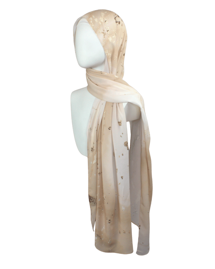 Side view of our designer printed hijab scarf, durable and premium fabric ideal for everyday wear and suitable for most skintones | Lina Zibdeh