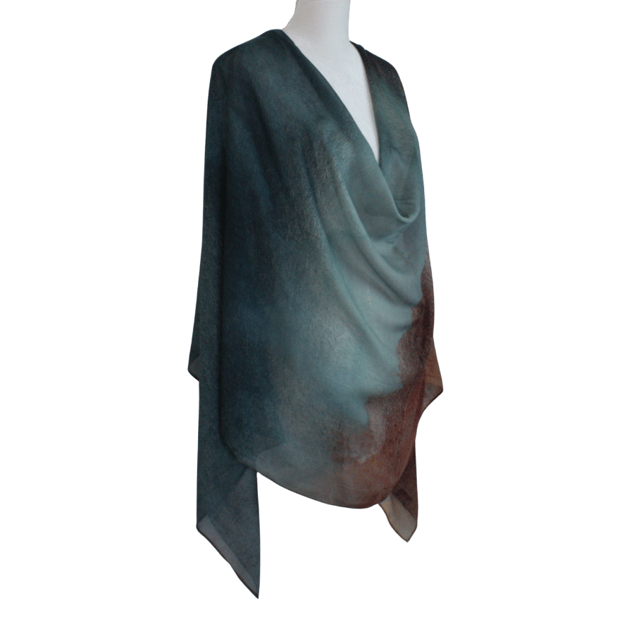 Teal-brown ombre printed bamboo modal hijab draped on a mannequin against a transparent background | Lina Zibdeh